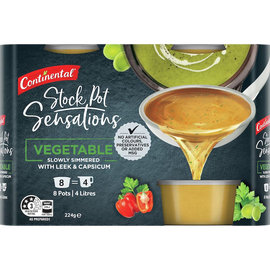 Continental Vegetable Stock Pot Concentrate packaging featuring 8 portions for rich, flavorful cooking with real vegetables.