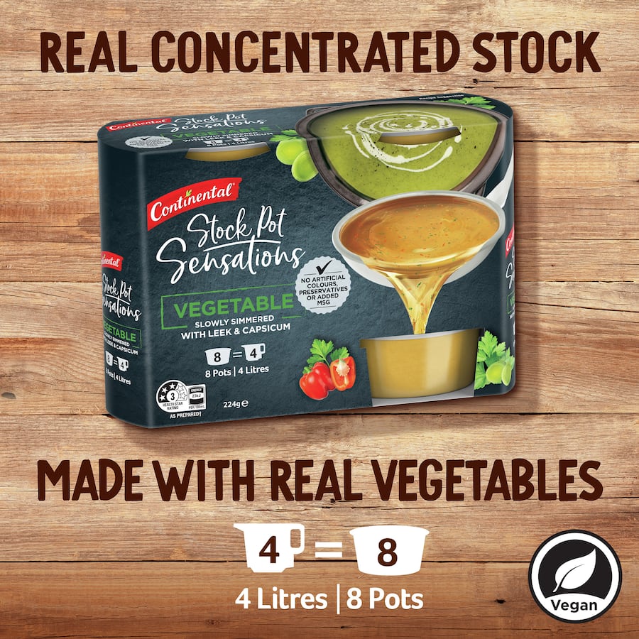 Continental Vegetable Stock Pot Concentrate packaging showcasing 8 portions of rich vegetable stock for flavorful cooking.