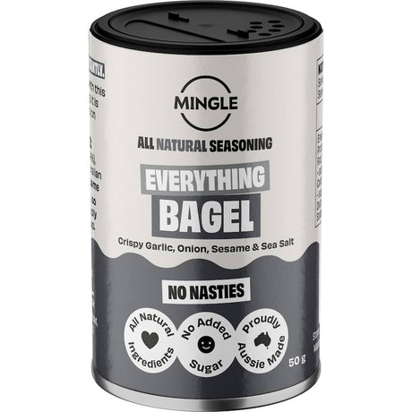 Mingle Everything Bagel BBQ Rub, a flavorful blend for seasoning dishes like chicken, veggies, and avocado toast.