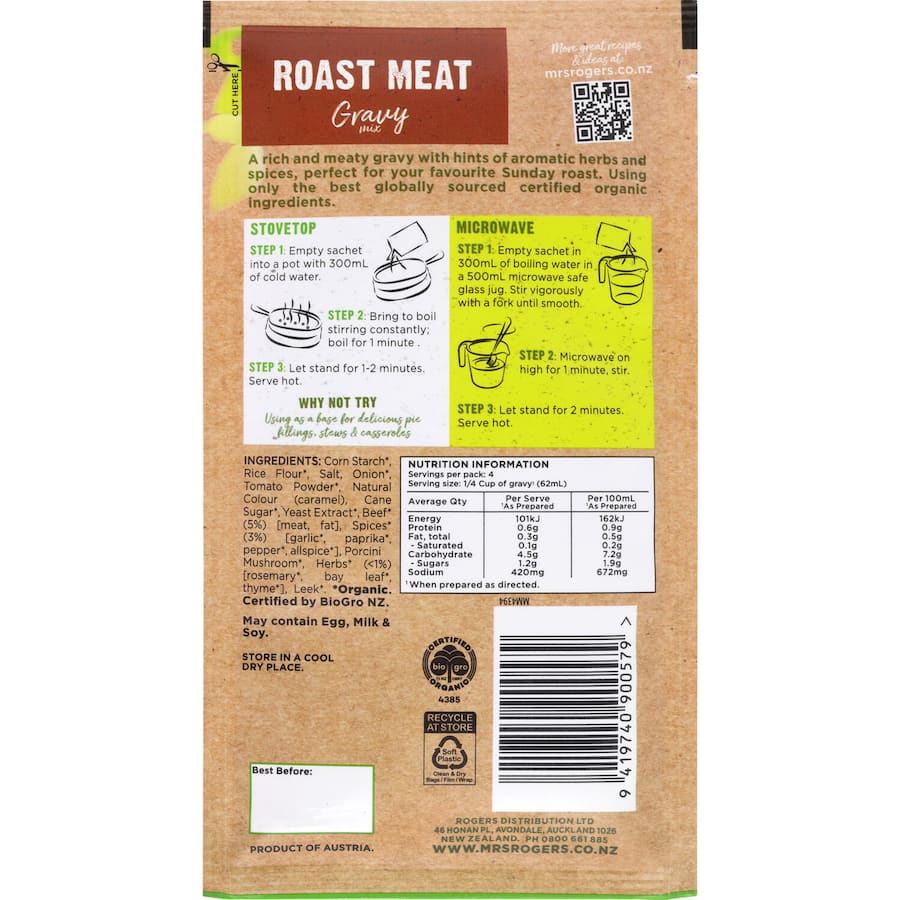 Mrs Rogers Organic Gravy Mix for roast meats, made from premium organic ingredients, gluten-free for rich, flavorful meals.