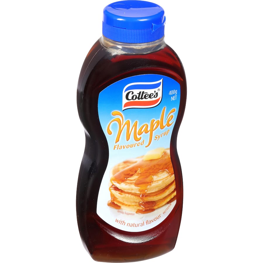 Cottee's Syrup Maple Flavoured in a contoured bottle, perfect for drizzling on pancakes, waffles, and desserts.