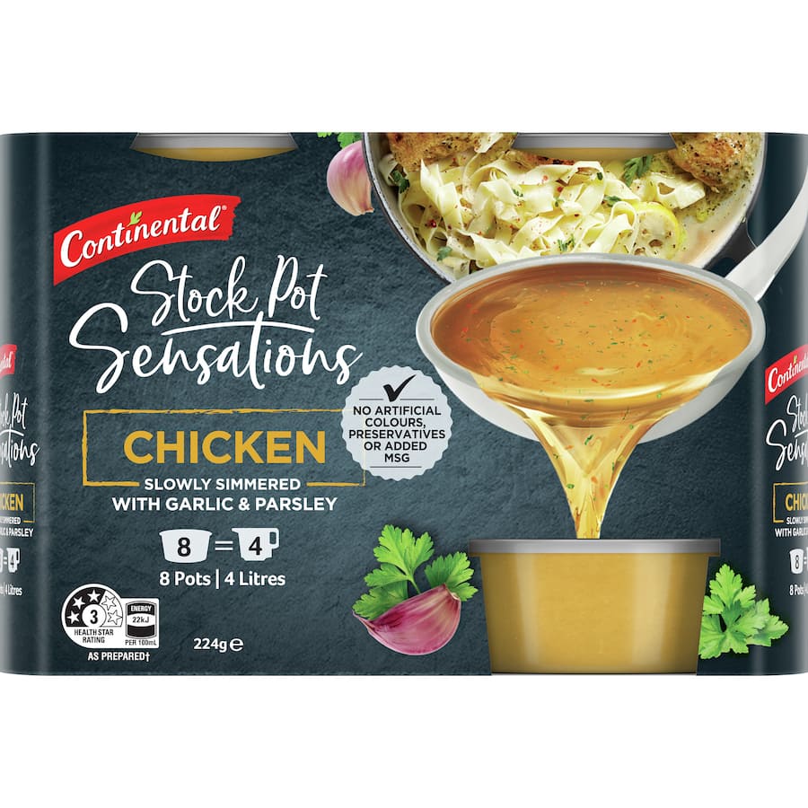 Continental Chicken Stock Pot Concentrate, 8 pods of rich, additive-free chicken stock for flavorful soups and dishes.