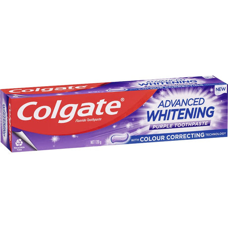 Colgate Advanced Whitening Toothpaste Purple offers color-correcting technology for a radiant smile and 7-day whitening results.