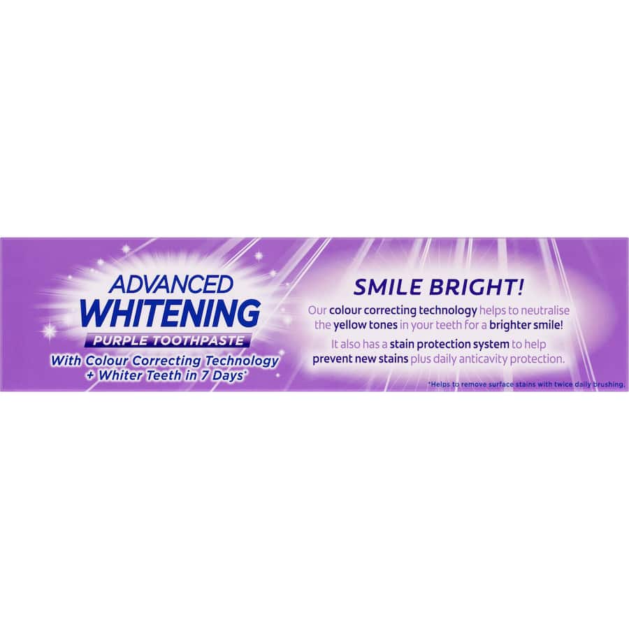 Colgate Advanced Whitening Toothpaste Purple tube, featuring color-correcting technology for brighter smiles and fresh breath.