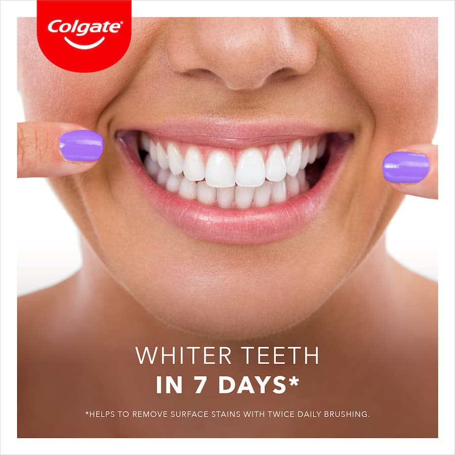 Colgate Advanced Whitening Toothpaste in purple neutralizes yellow tones for a brighter, healthier smile in 7 days.