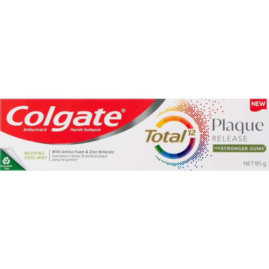 Colgate Total Plaque Release Toothpaste in Reviving Cool Mint, designed for stronger gums and fresher breath in a recyclable tube.