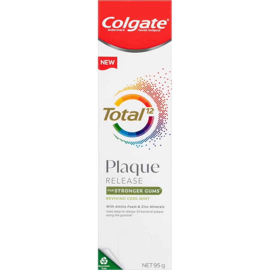 Colgate Total Plaque Release Toothpaste in Reviving Cool Mint, designed for stronger gums and effective plaque control.