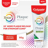Colgate Total Plaque Release Toothpaste in Reviving Cool Mint, featuring Amino Foam for strong gums and 3X plaque release.