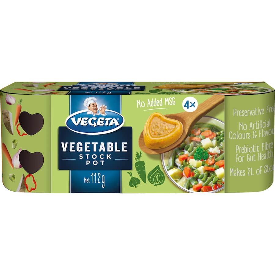 Vegeta Vegetable Stock Pot Concentrate pack, featuring 4 x 28g of rich vegetable stock for enhancing soups and sauces.