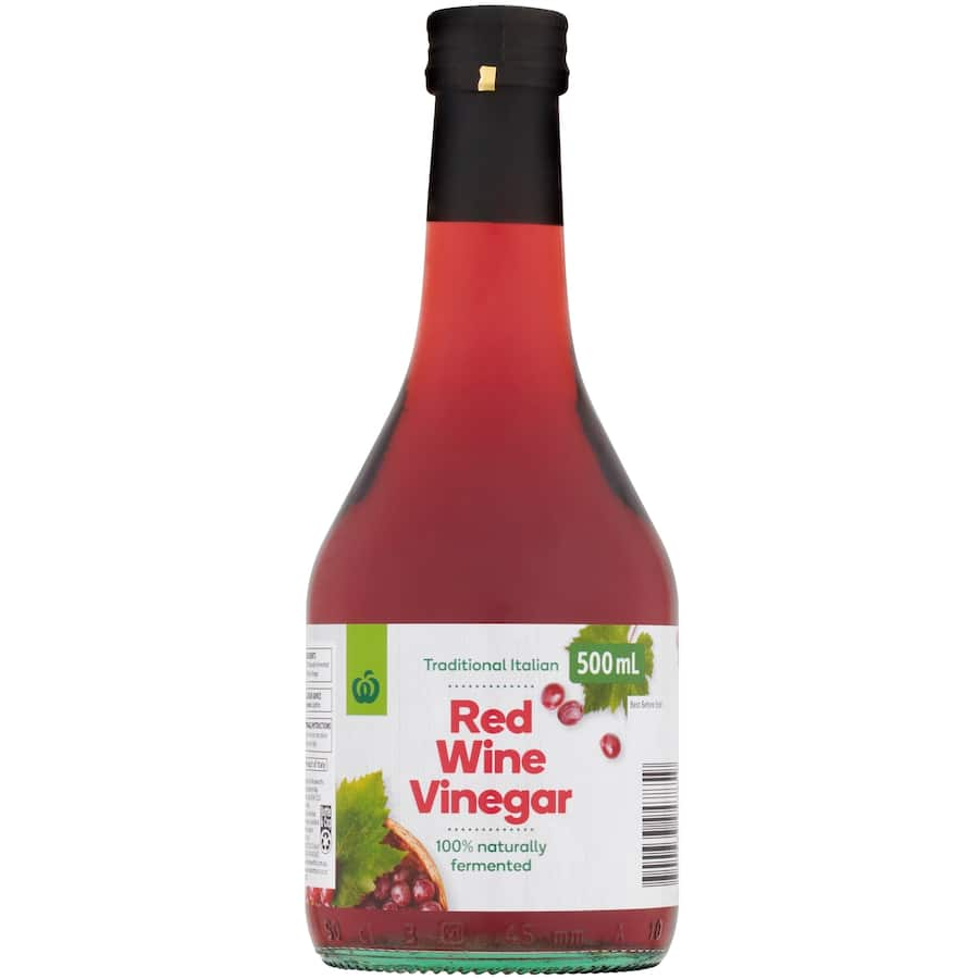 Woolworths Red Wine Vinegar in a 500ml bottle, crafted from premium Italian grapes for dressings, marinades, and sauces.