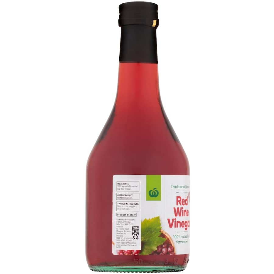 Woolworths Red Wine Vinegar in a 500ml bottle, crafted from fine Italian grapes, perfect for dressings and marinades.