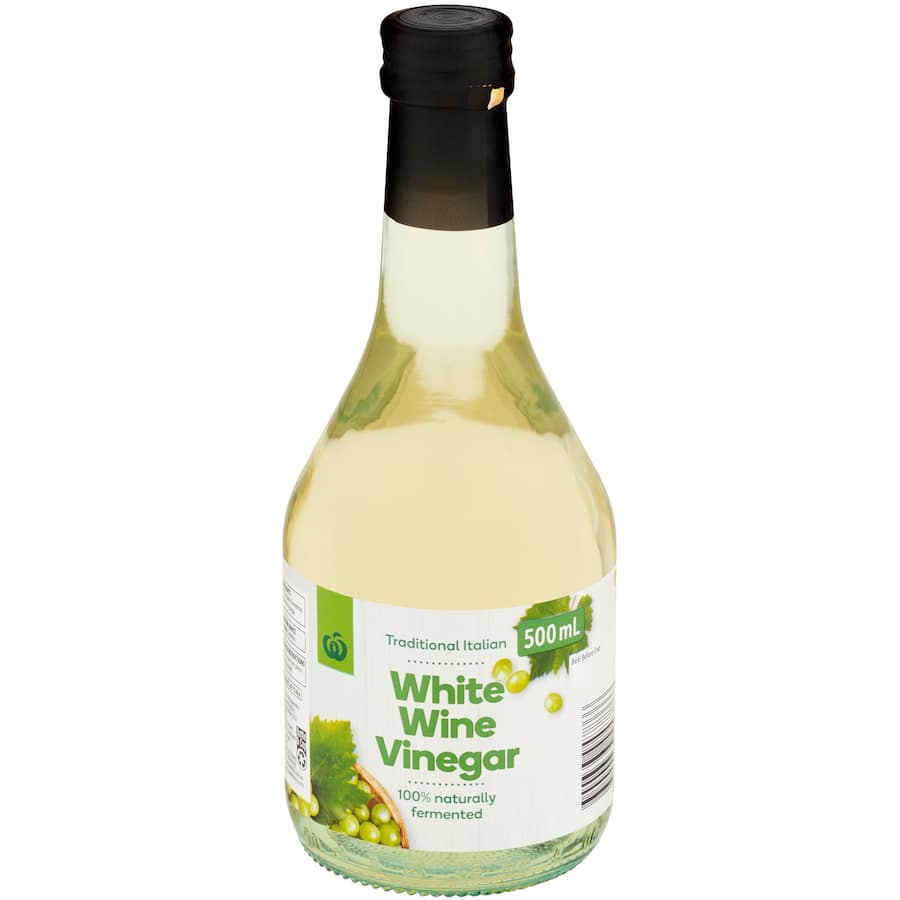 Woolworths White Wine Vinegar in a 500ml bottle, perfect for dressings, marinades, and enhancing culinary flavors.