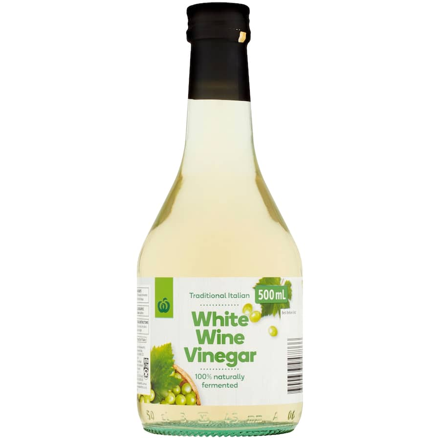 Woolworths White Wine Vinegar in a 500ml bottle, ideal for dressings, marinades, and enhancing flavors in dishes.