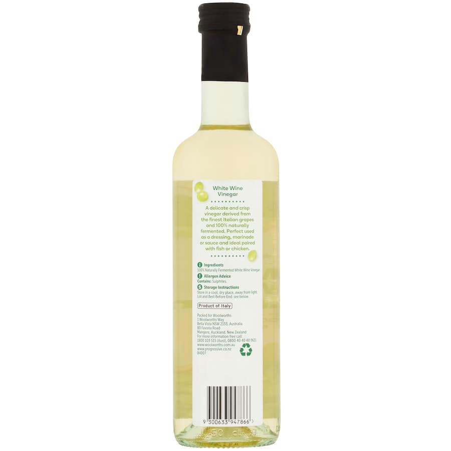 Bottle of Woolworths White Wine Vinegar, 500ml, perfect for enhancing dressings, marinades, and various dishes with tangy flavor.