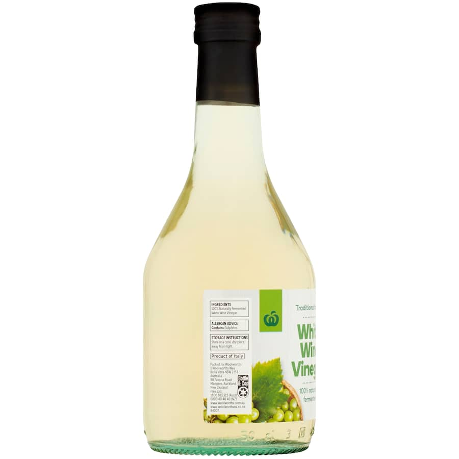 Woolworths White Wine Vinegar in a 500ml bottle, ideal for dressings, marinades, and enhancing flavors in cooking.