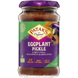 Patak's Pickle Eggplant: Medium heat brinjal pickle with spices, perfect for dips, sandwiches, and enhancing meals. 100% recyclable jar.