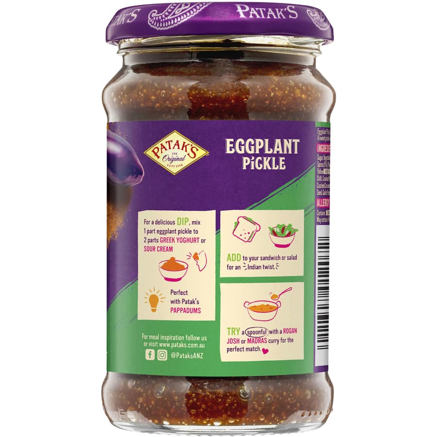 A jar of Patak's Pickle Eggplant featuring medium heat brinjal pickle made with spices and eggplant, perfect for dips and meals.