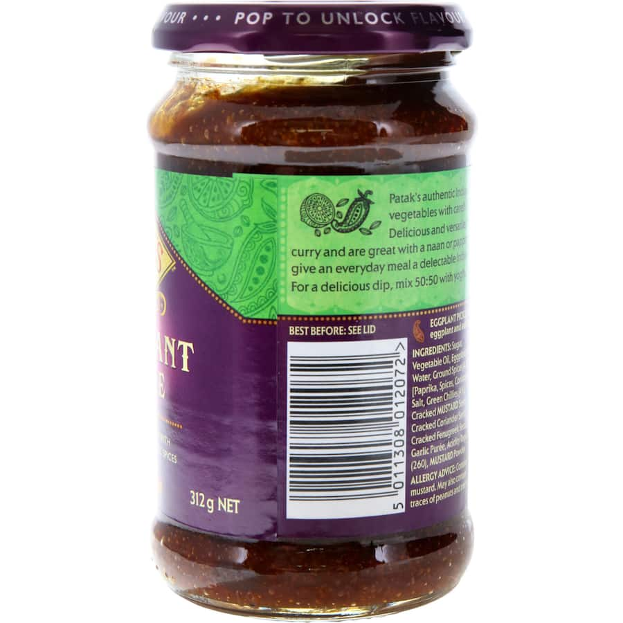 Patak's Pickle Eggplant jar showcasing medium heat sweet eggplant pickle made with spices, perfect for dips and enhancing meals.