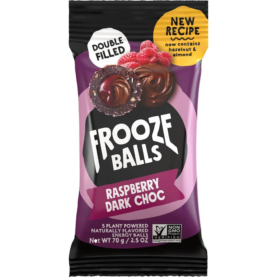 Frooze Balls Raspberry Dark Choc: Coconut-coated snack balls with raspberry, dark chocolate, and protein-packed nuts.