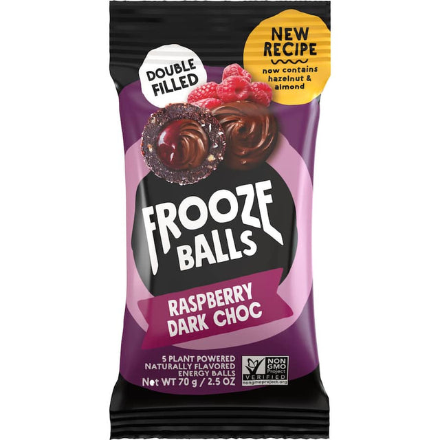 Frooze Balls Raspberry Dark Choc: Coconut-coated snack balls with raspberry, dark chocolate, and protein-packed nuts.