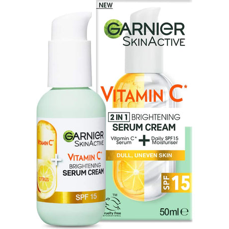 Garnier Skin Active Serum Cream Vitamin C: Brightening cream with 20% Vitamin C and SPF 15 for radiant, hydrated skin.