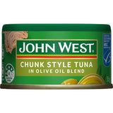 Can of John West Chunk Style Tuna in Olive Oil, featuring premium tuna pieces rich in Omega-3, perfect for healthy meals.