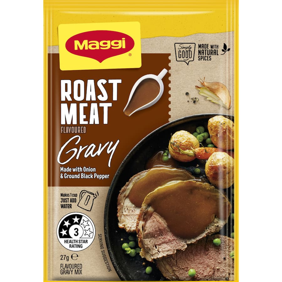 Maggi Instant Gravy Mix Roast Meat enhances meals with rich flavors of herbs and spices, ideal for classic meat dishes.