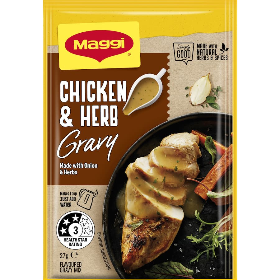 A convenient gluten-free blend for rich chicken and herb gravy, quick to prepare for flavorful meals in minutes.