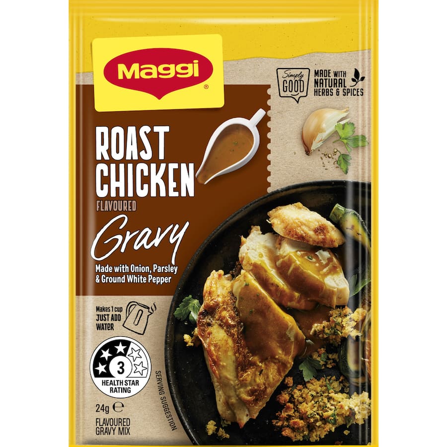 Maggi Instant Gravy Mix Roast Chicken - rich gravy mix with herbs for enhancing roast chicken meals, serves 4, easy to prepare.