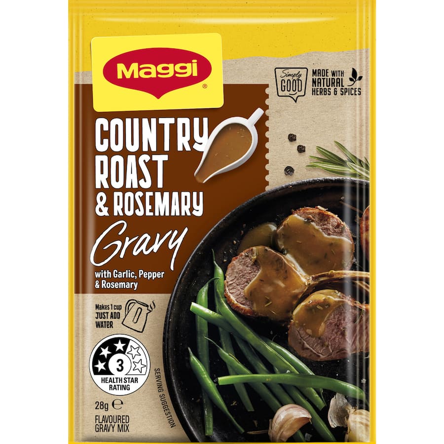 Maggi Instant Gravy Mix Country Roast & Rosemary, featuring rich flavors and aromatic rosemary for quick meal enhancement.