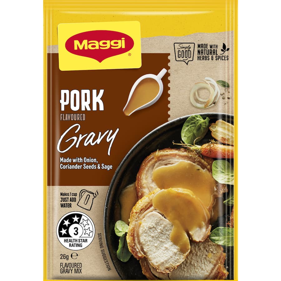 Maggi Instant Gravy Mix for Pork, a quick and flavorful solution for rich, savory pork dishes, ready in minutes.