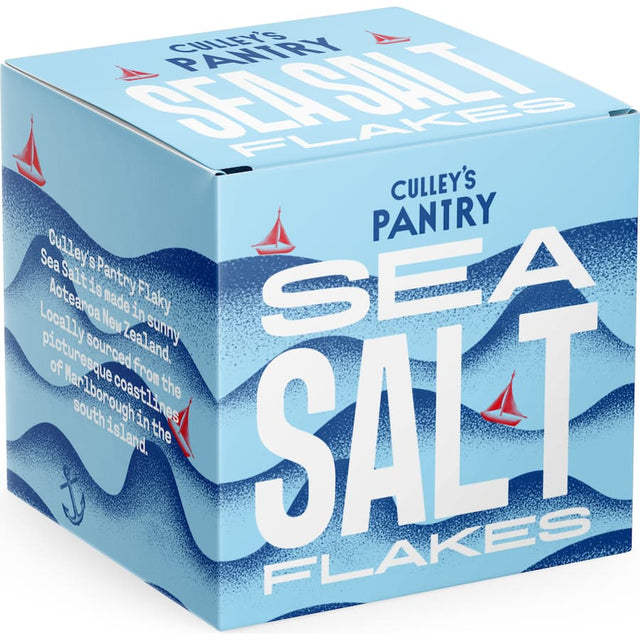 Culley's Pantry Sea Salt Flakes in a clear container, perfect for enhancing culinary creations with pure flavor and crunch.