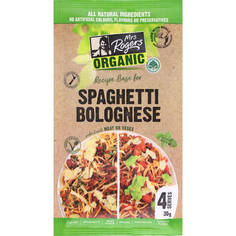 Mrs. Rogers Organic Spaghetti Bolognaise base, a quick, vegan-friendly sauce made from organic ingredients for easy meals.