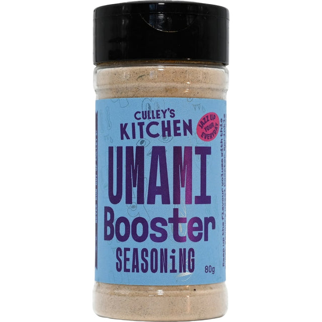 Culley's Kitchen Umami Booster enhances dishes with a savory blend, perfect for meats, veggies, and soups.