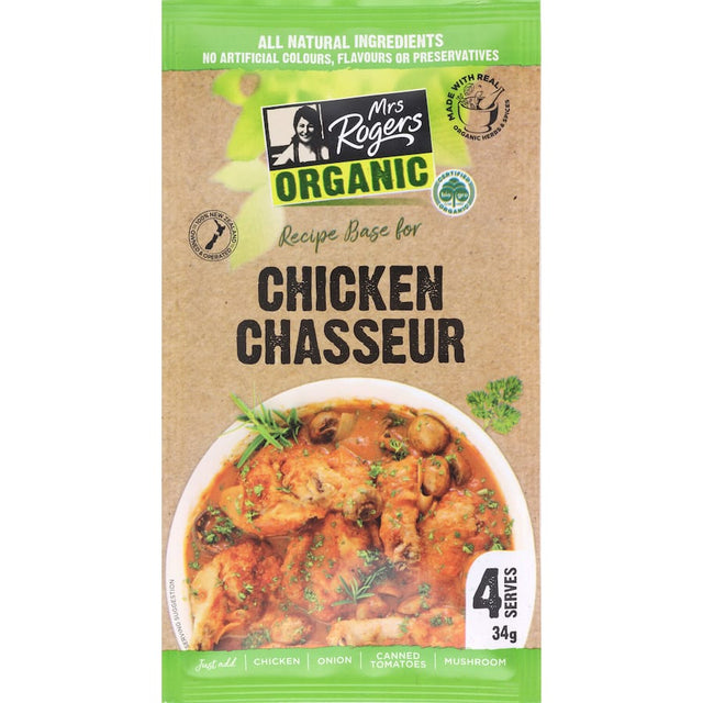 Mrs Rogers Organic Recipe Base Chicken Chasseur, a premium base for authentic French chicken dishes, made from high-quality organic ingredients.