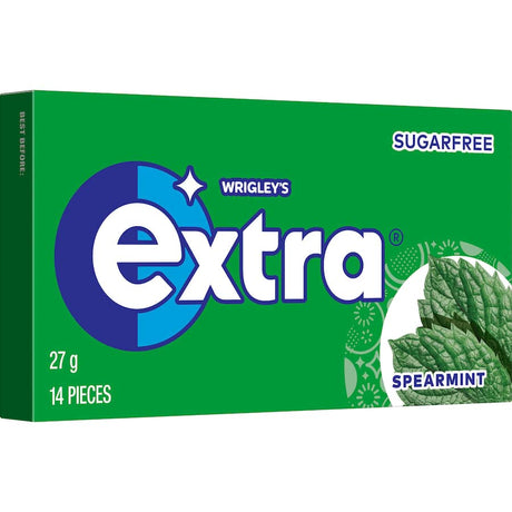 Wrigley's Extra Spearmint Chewing Gum envelope with 14 sugar-free pieces for fresh breath and dental health.