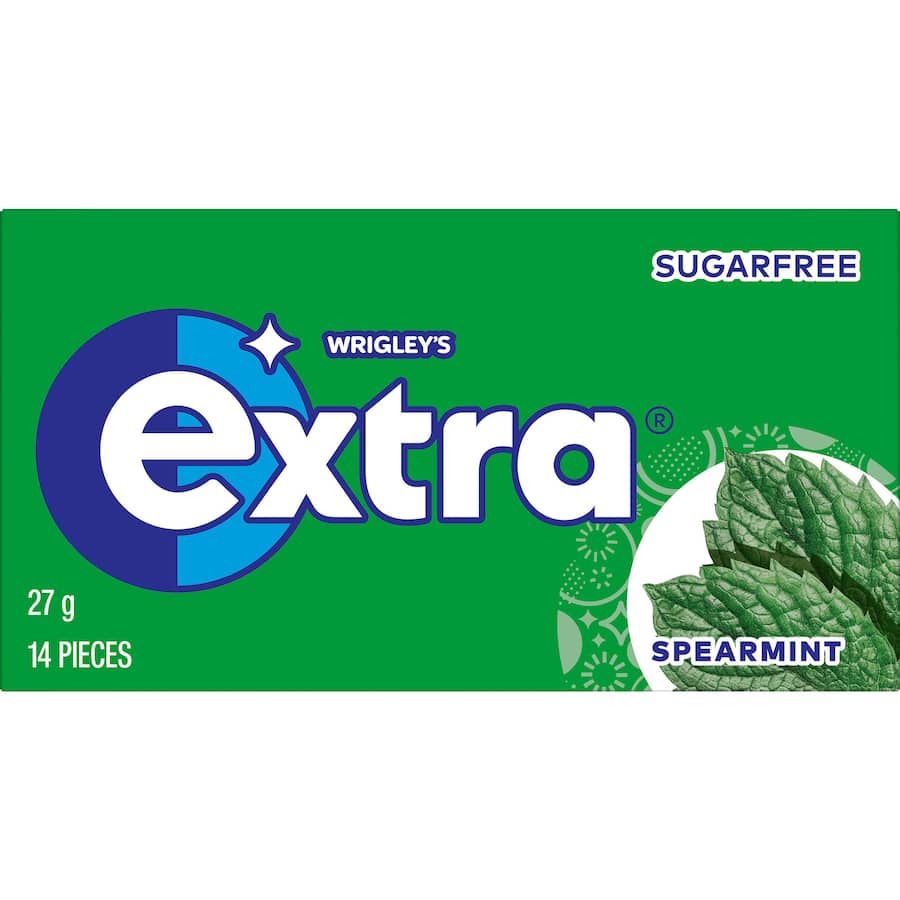 Wrigley's Extra Spearmint Gum envelope with 14 sugar-free pieces promotes oral health and freshens breath.