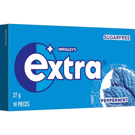 Wrigley's Extra Peppermint gum envelope with 14 sugar-free pieces, promoting dental health and freshening breath.