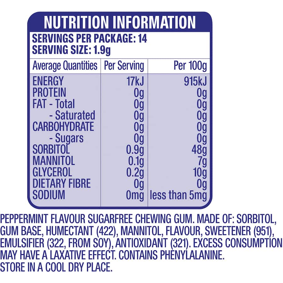 Wrigleys Extra Peppermint gum envelope with 14 sugar-free pieces, promoting fresh breath and dental health benefits.