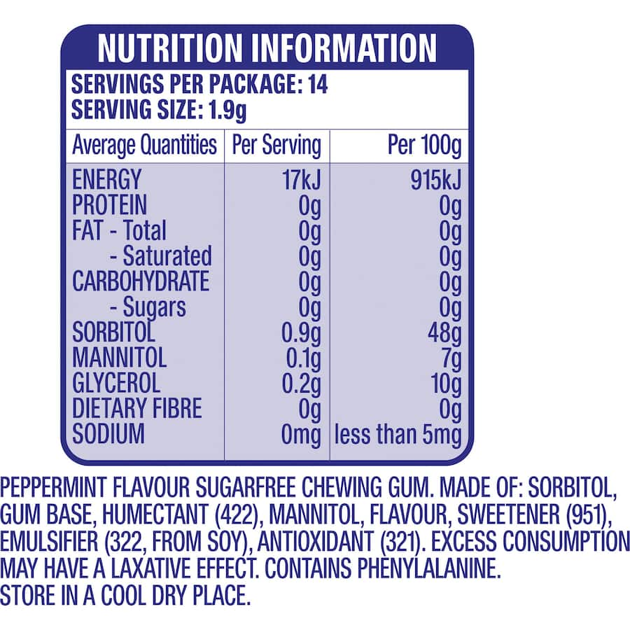 Wrigley's Extra Peppermint Gum envelope with 14 sugar-free pieces, promoting fresh breath and oral health.