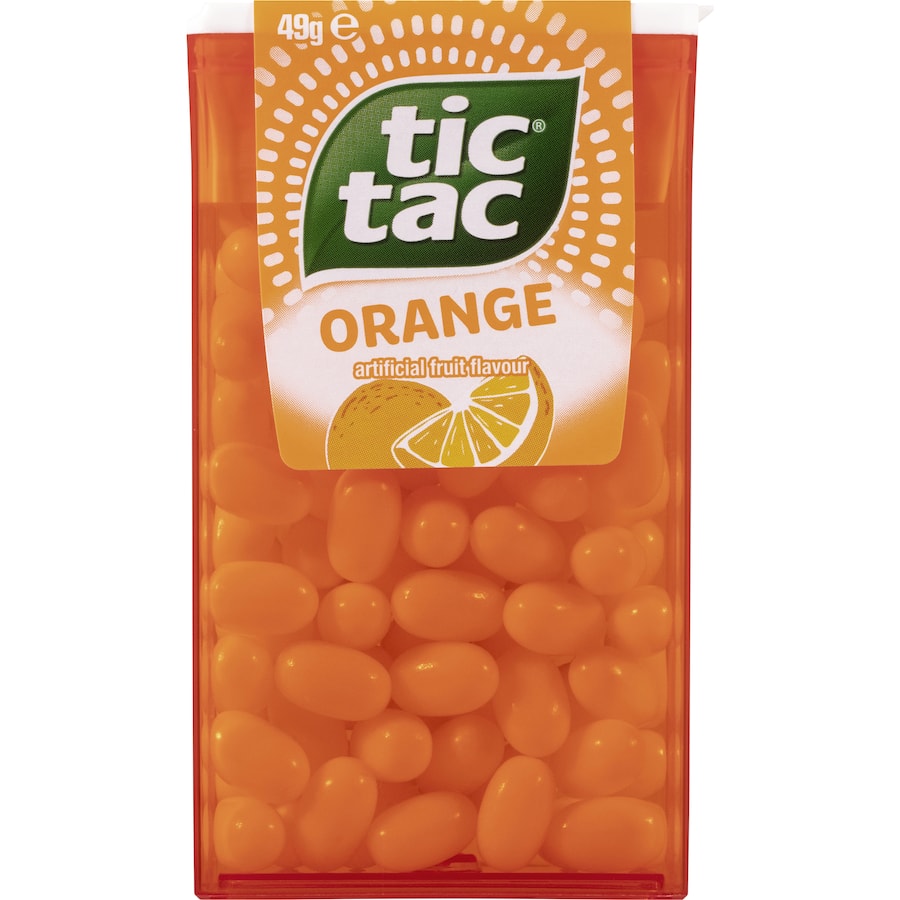 Tic Tac Sweet Mints Orange in pocket-sized pack, offering refreshing orange flavor while keeping breath fresh and guilt-free.