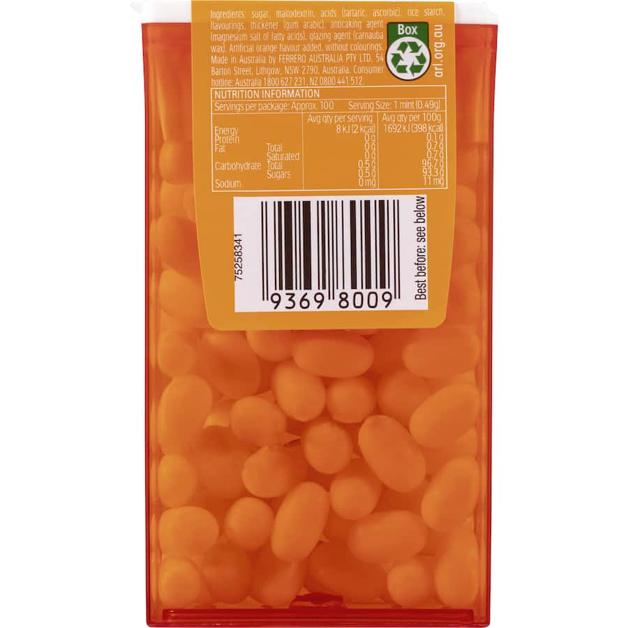 Tic Tac Sweet Mints Orange in a pocket-sized pack, offering a refreshing orange flavor and just 2 calories each.