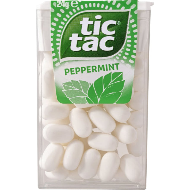 Tic Tac Peppermint Mints in pocket-sized packaging, offering refreshing flavor and low-calorie freshness for any occasion.