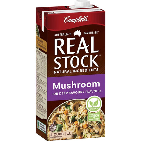 Campbell's Real Stock Mushroom Stock Liquid enhances dishes with rich, savory mushroom flavor; gluten-free and convenient for cooking.