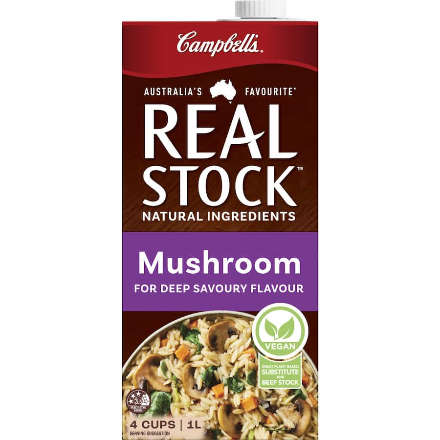 Campbell's Real Stock Mushroom Stock Liquid: rich, savory gluten-free stock for soups, sauces, and vegan dishes.