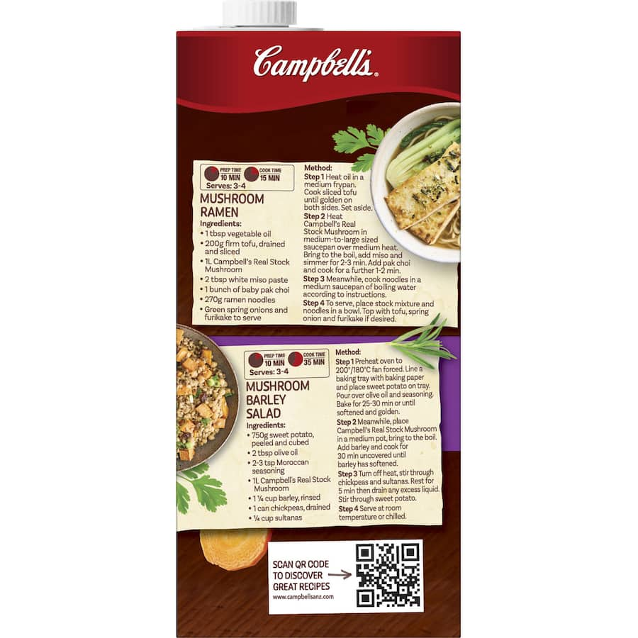 Campbell's Real Stock Mushroom Stock Liquid, rich in umami, gluten-free, perfect for soups, sauces, and versatile cooking.