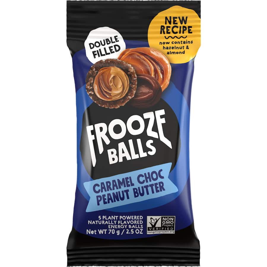 Frooze Balls in Caramel Choc Peanut Butter flavor, coconut-coated and packed with real fruit and nuts for a guilt-free snack.