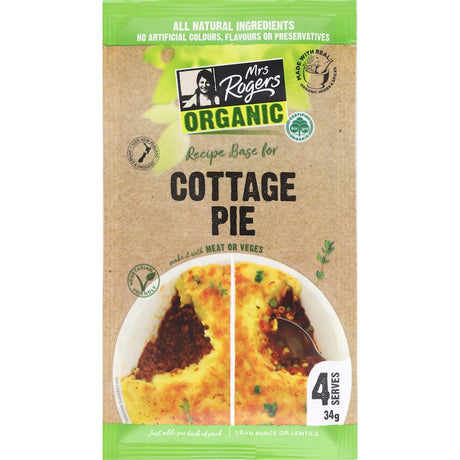 Mrs Rogers Organic Recipe Base Cottage Pie, featuring organic ingredients and a savory sauce for a wholesome family meal.