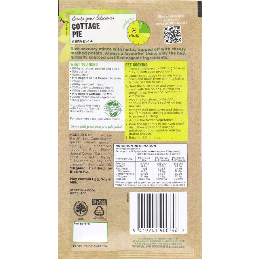 A wholesome organic recipe base for cottage pie, made with Australian vegetables and minced meat for delicious family meals.