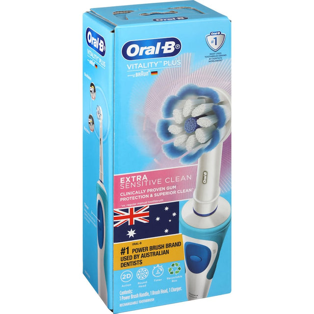 Oral B Vitality Electric Toothbrush with extra soft bristles for sensitive teeth, featuring 2D cleaning action and a built-in timer.